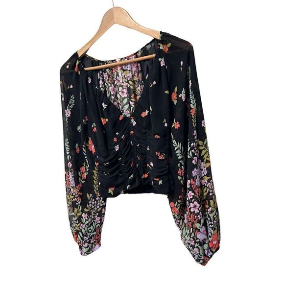 Free People Final Rose Floral Lined V Neck Balloon Sleeve Ruched Blouse Black XS - Picture 3 of 12